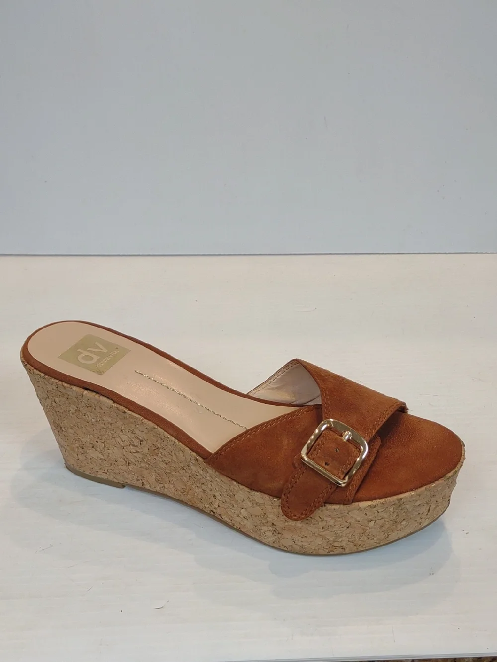 Dolce Vita Hazelwood Brown Suede Cork Wedge Slide with Gold-Tone Buckle Detail